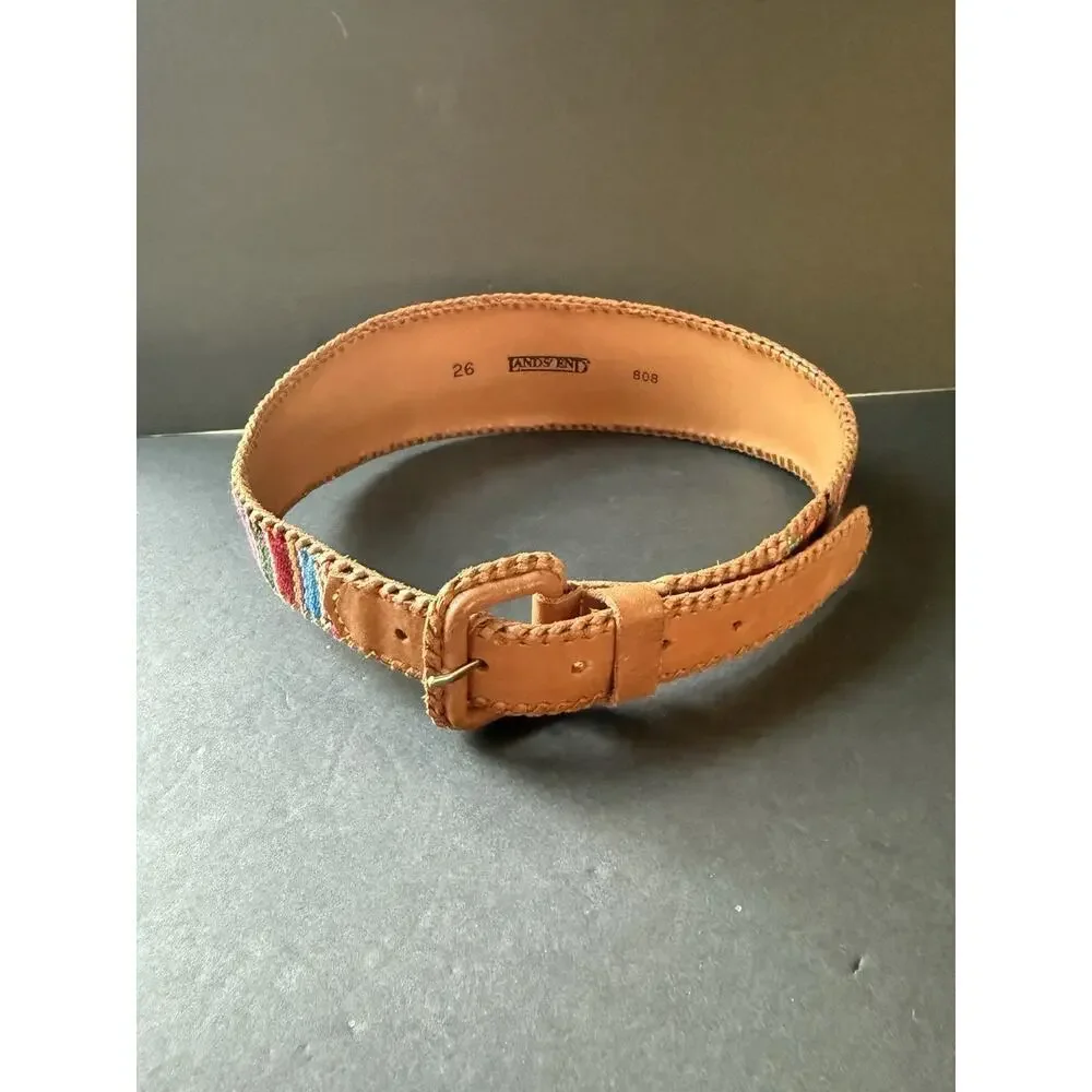 Lands End Southwestern Colorful Boho Belt Woven 28 Inches Leather Guatemala